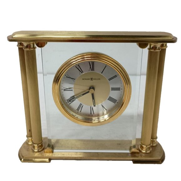 VTG Howard Miller Solid Brass Athens Columns Glass Mantel Desk Clock Quartz - Picture 1 of 15